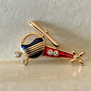 Unsigned Patriotic Helicopter Brooch Pin Enamel and Shiny Stones Contemporary